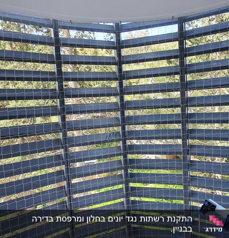 רשת מתוחה על תריסים למניעת כניסת יונים